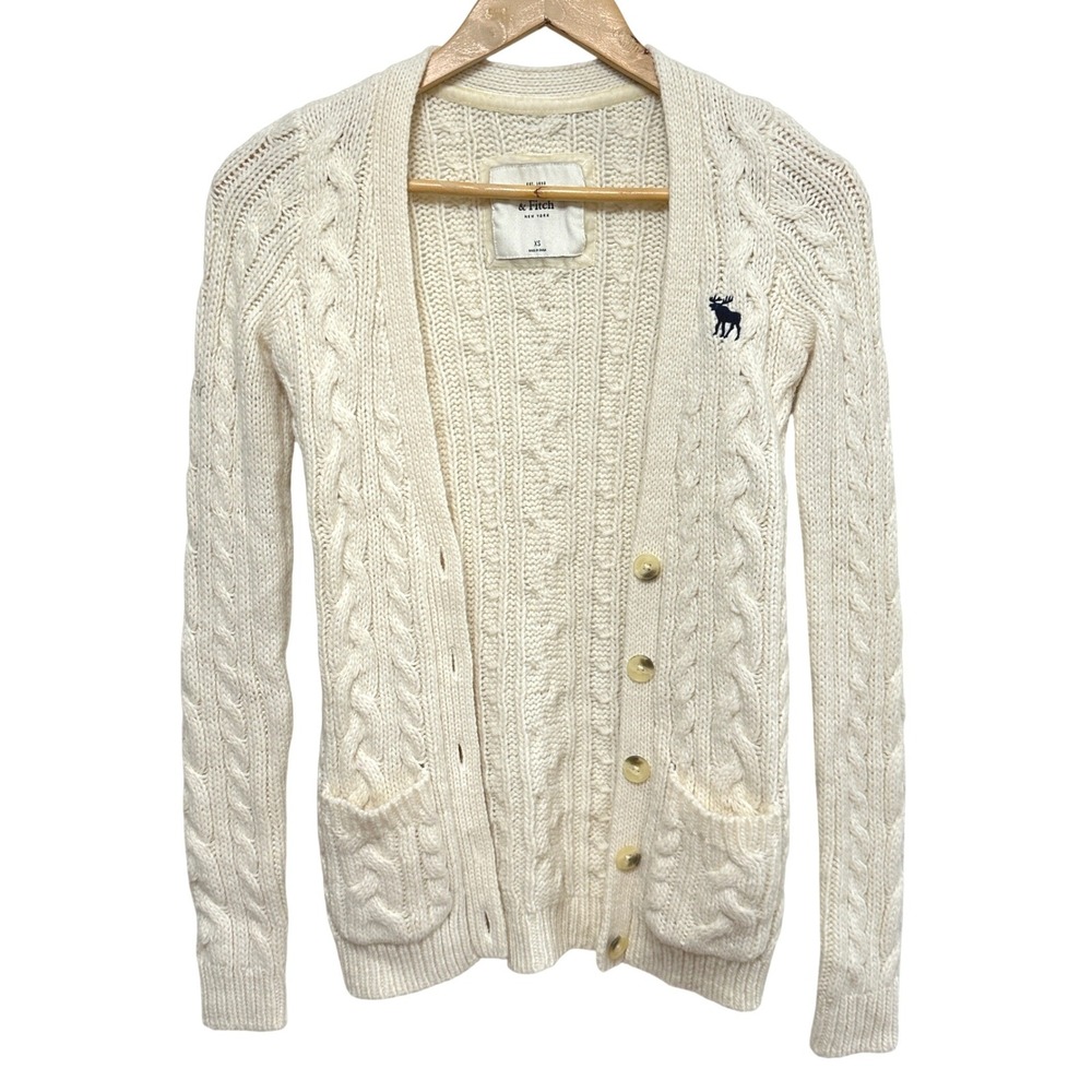 Abercrombie & Fitch Y2K Cable Knit Wool Blend Cardigan Sweater XS Cream Vintage